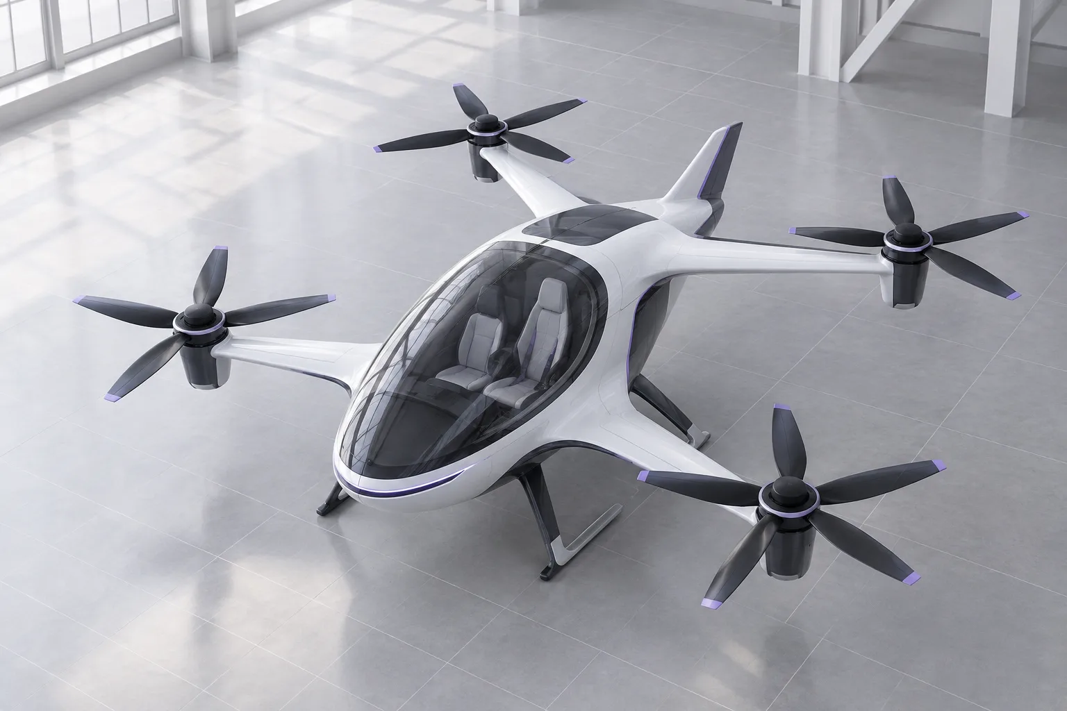 Unbranded fictional vertical-lift aircraft in a bright inspection bay