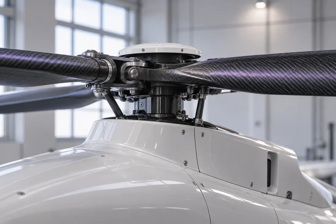 Fictional stationary carbon-composite rotor and nacelle in an inspection room